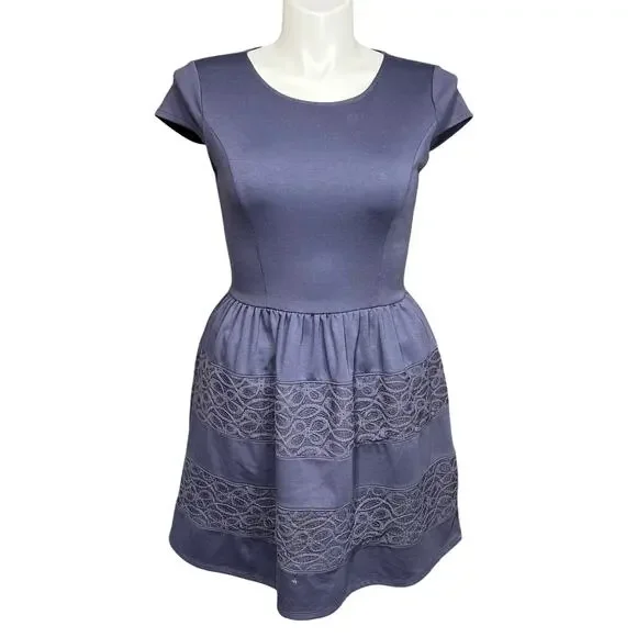 LC Lauren Conrad Womens Dress Fitted Bodice Bell Skirt Lace Blue Cap Sleeves 10 - Picture 1 of 10